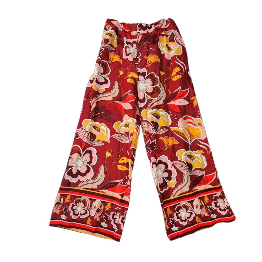 Gibson Latimer Floral Pant Retro Wide-Leg Linen Blend Boho Festival Colorful NWT